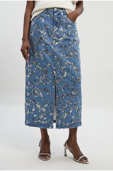 Sequin Denim Pencil Skirt