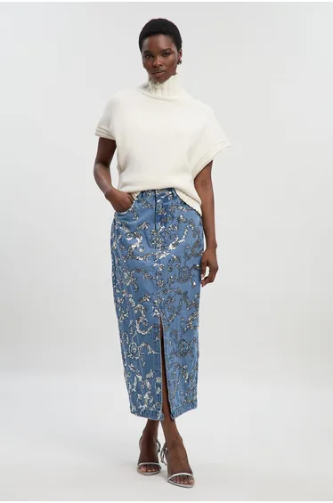 Sequin Denim Pencil Skirt
