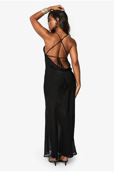 فستان ساتان و شيفون - أسود