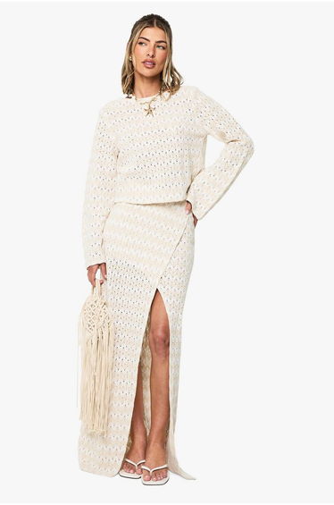Zig Zag Knitted Tie Front Beach Top - beige