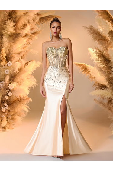 Modecrush Gold Sequin & Satin Strapless High-Slit Mermaid Dress