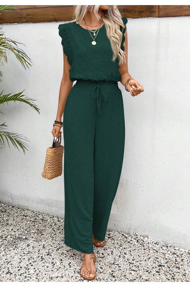 Crochet Sleeveless Top and Drawstring Pants Set in Dark Green