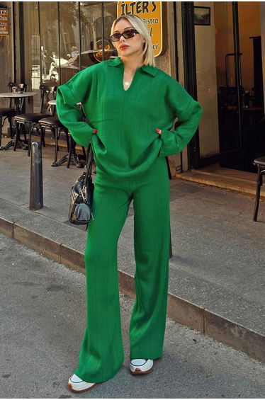 Green Pra Polo Collar Oversize Sweater-Pants Knitted Women's Bottom-Top Set