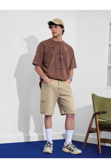 Men Beige Denim Cargo Shorts