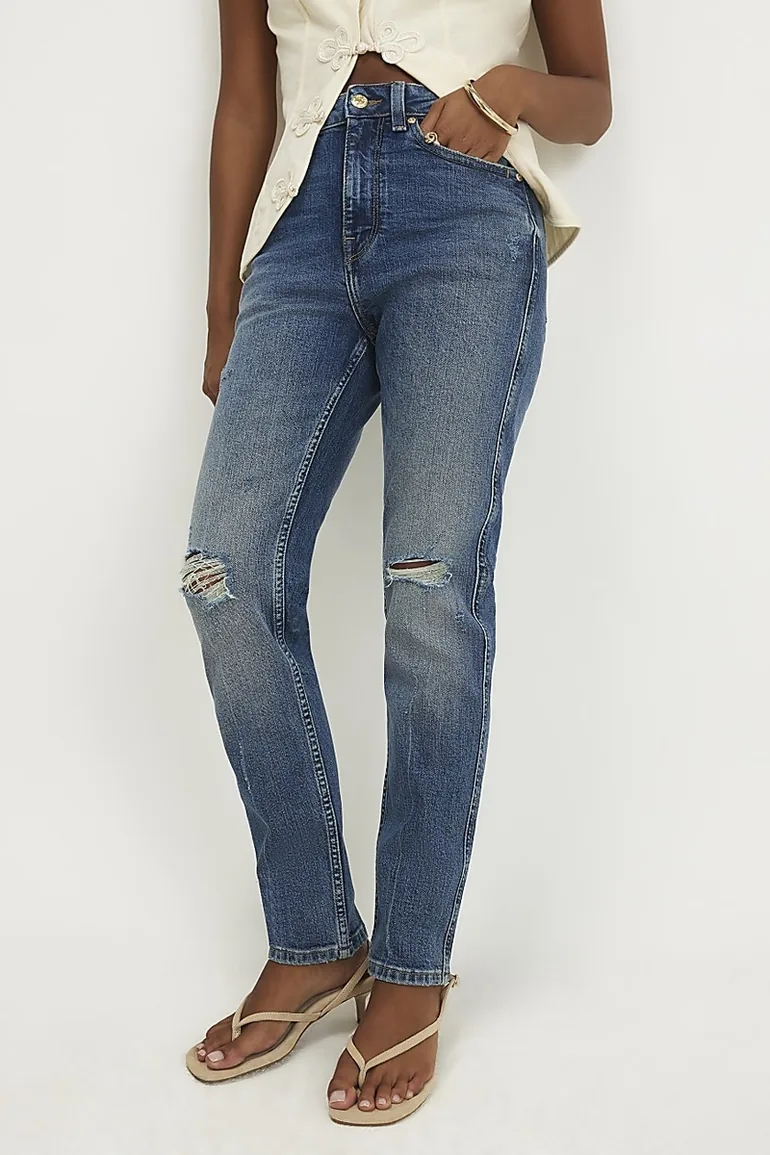 Petite Blue Cigarette Leg Ripped Jeans - 2