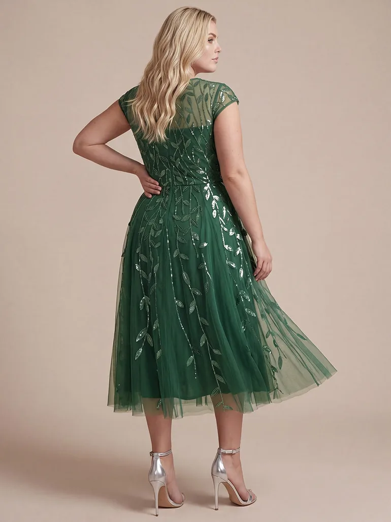 See-through Sequin Cap Sleeve Wedding Guest Dress - 6