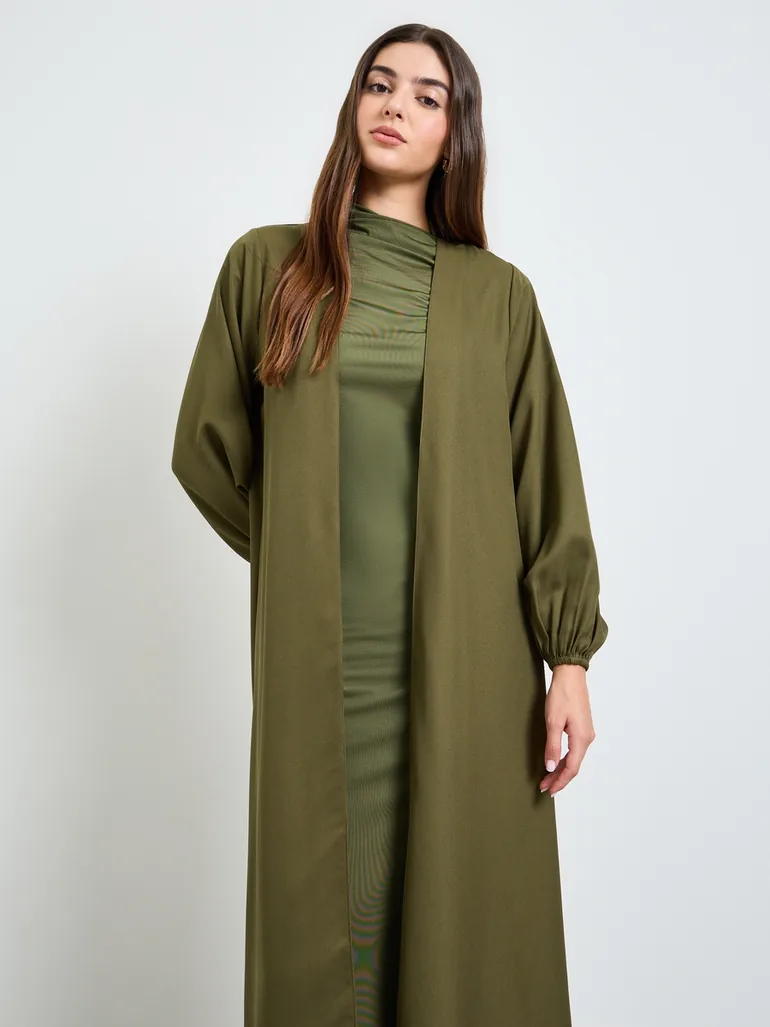Olive Solid Cuffed Long Sleeve Abaya - 1