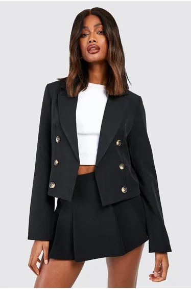 Mock Horn Double Breasted Longline Cropped Blazer - black