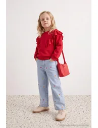 Medium Blue Girls' Cotton Stretch Fabric Heart Embroidered Wide Leg Jeans - 3