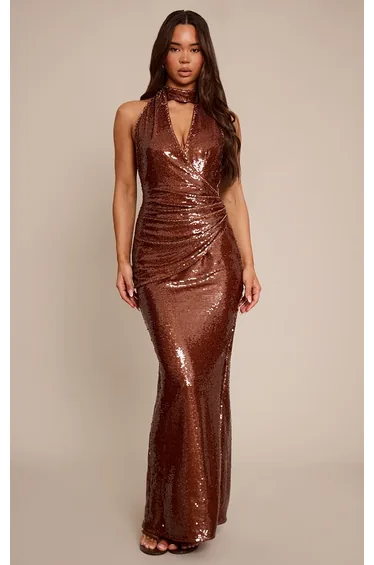 Chocolate Sequin Scarf Detail Halterneck Maxi Dress