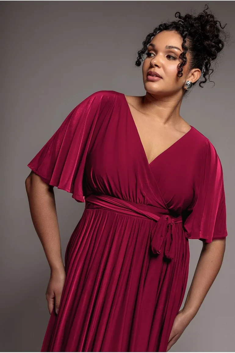 Wrap Front Maxi With Flutter Sleeves - Berry by Goddiva Plus - 2
