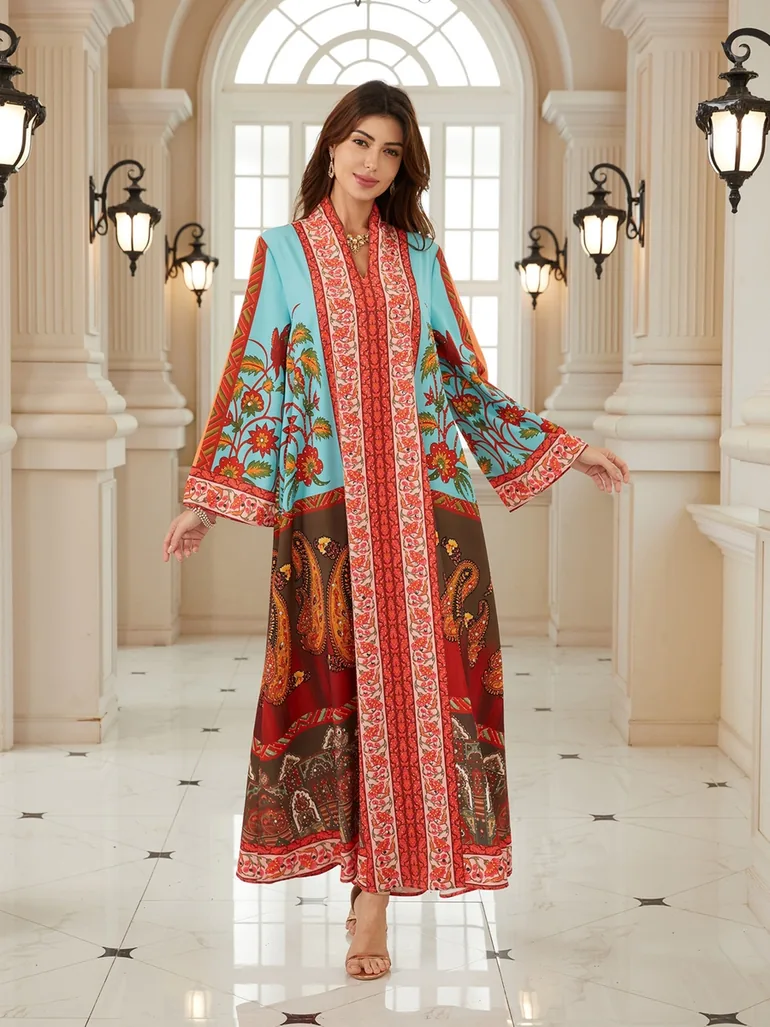Women Printed V-Neck A-Line Jalabiya - 3