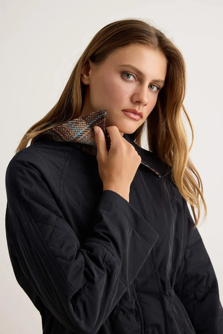 Navy Blue Oversize Plaid Collar Waist Drawstring Detailed Quilted Coat - 1