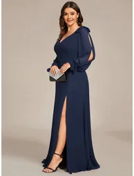 Plus Size Long Lantern Sleeves A Line V Neck Bridesmaid Dresses - 1