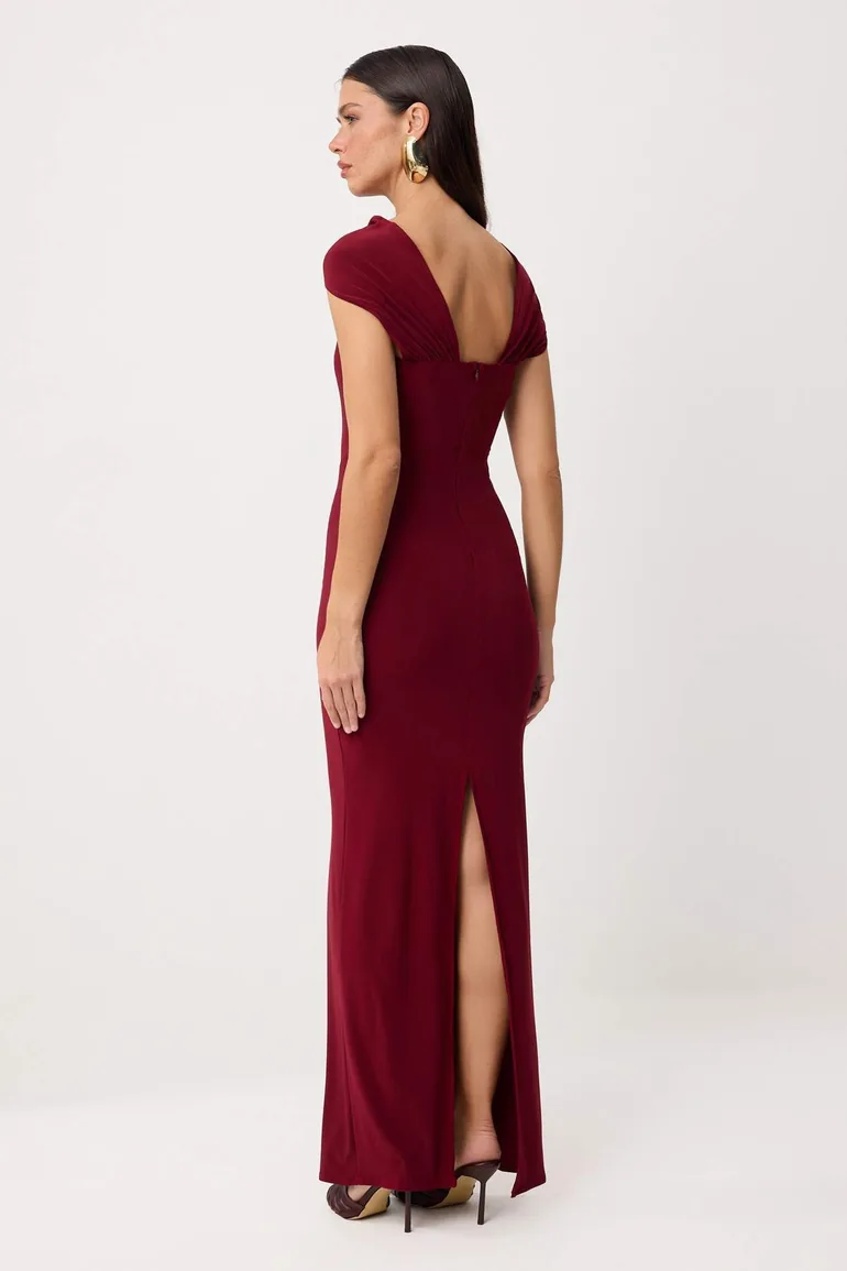 Burgundy Plain Woven Sandy Maxi Evening Dress & Graduation Dress - 4