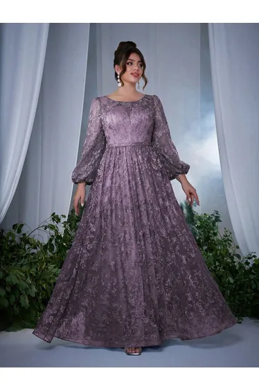 Leely Plus Women's Elegant Round Neck Bishop Sleeve Party Dresses