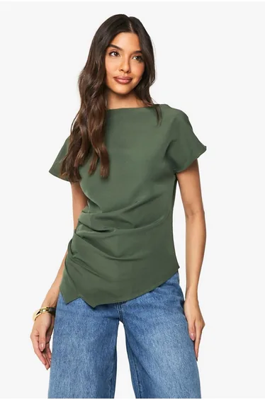 Woven Ruched Side Split Top - olive