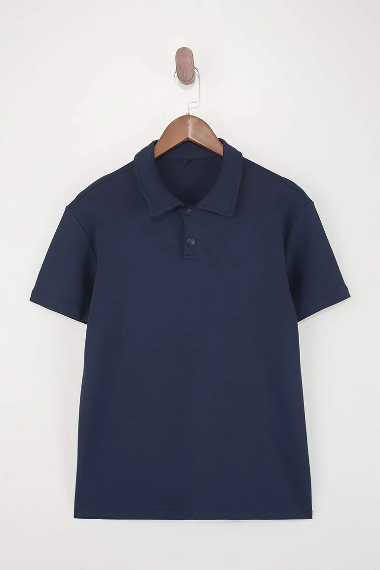 Navy Blue Regular/Normal Fit Soft Button Polo Neck T-Shirt - 2