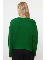 Khaki Wide Pattern Basic Boat Neck Knitwear Sweater - 3