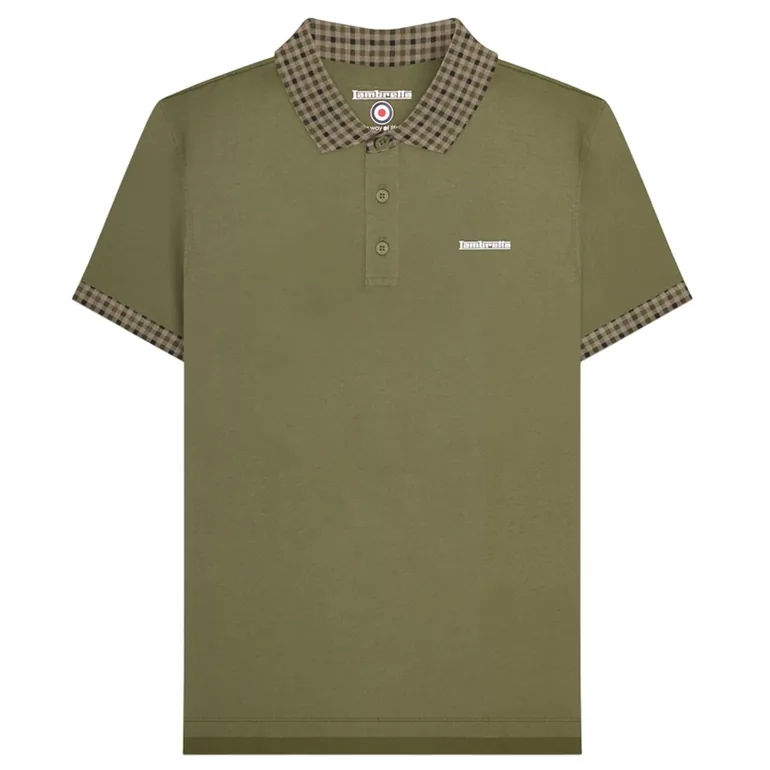 Lambretta Mens SS25 Gingham Polo Shirt - Khaki Green
