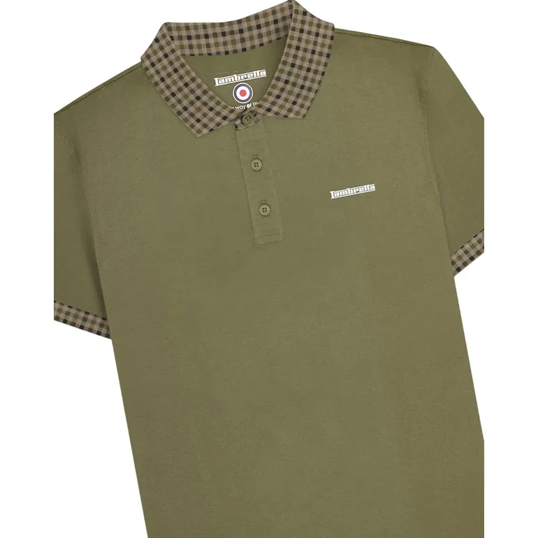 Lambretta Mens SS25 Gingham Polo Shirt - Khaki Green - 2