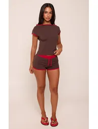 Petite Chocolate Contrast Binding Off Shoulder Fitted Top Co-ord