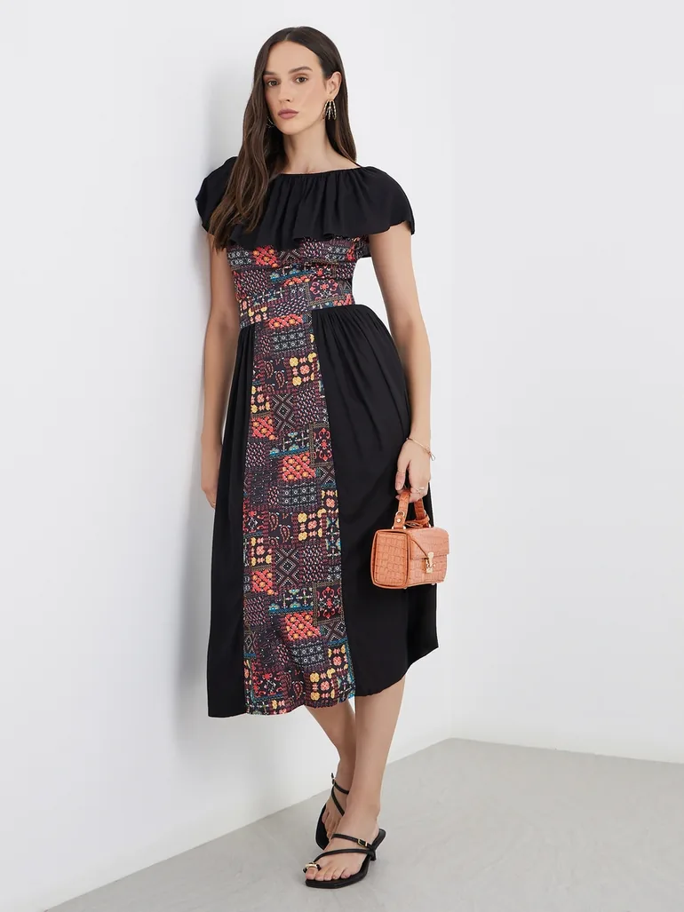 Centre Panel Print Bardot Neck Midi Dress