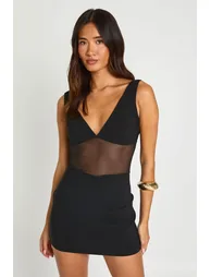 Bengaline Mesh Detail Plunge Front Mini Dress - black - 2