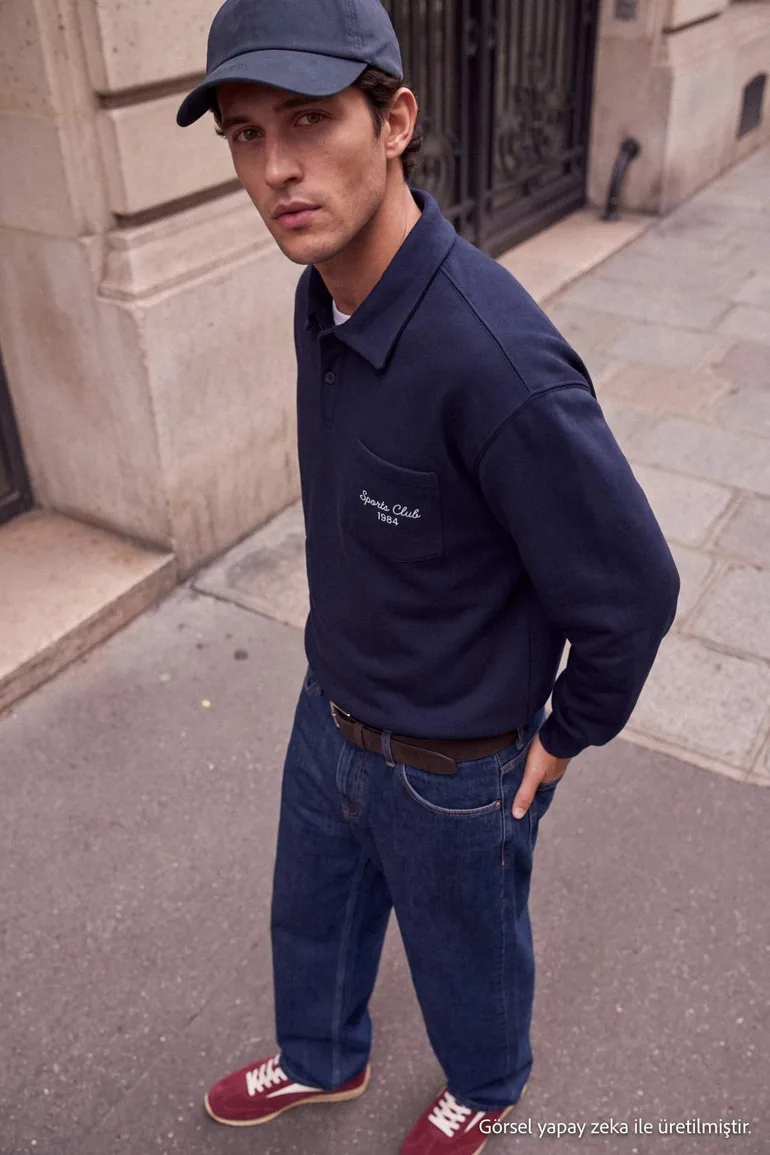 Navy Blue Oversize/Relaxed Fit Embroidered Polo Collar Sweatshirt - 5