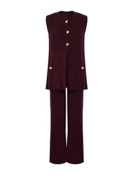 Plum Wide Cut Button Detailed Vest-Pants Knitwear Bottom-Top Set - 4