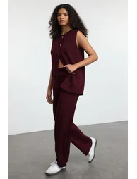 Plum Wide Cut Button Detailed Vest-Pants Knitwear Bottom-Top Set