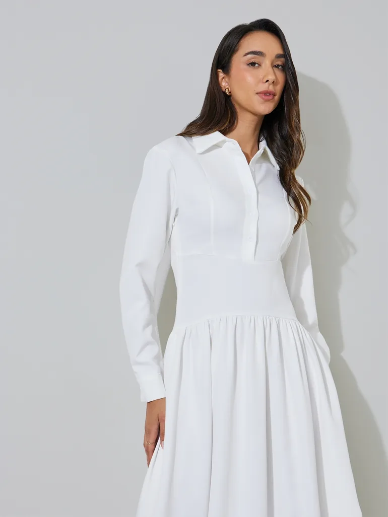 White Long Sleeve Shirt Midi Dress - 2