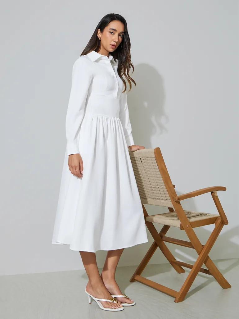 White Long Sleeve Shirt Midi Dress