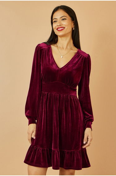 Yumi Burgundy Velvet Long Sleeve Skater Dress product thumbnail 3