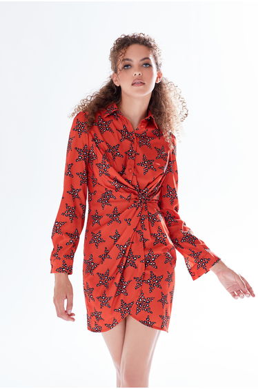 Women's Mini Dress with Collar and Vibrant Orange Star Print.