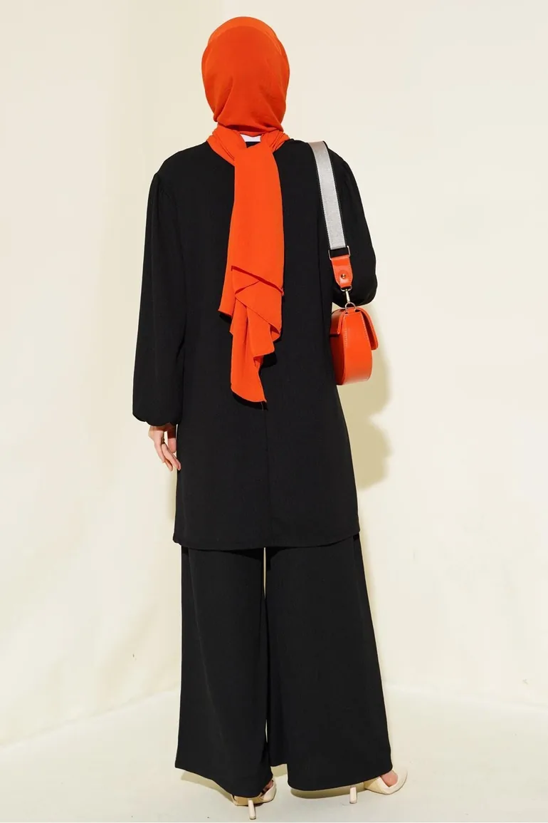 Women's Black Tunic Pants Bottom Top Set - 2