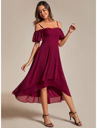 Chiffon Spaghetti Strap Cold Shoulder Tea Length Wedding Guest Dress - 3
