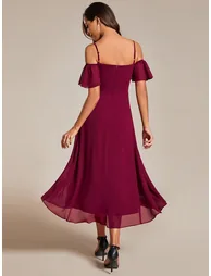 Chiffon Spaghetti Strap Cold Shoulder Tea Length Wedding Guest Dress - 2