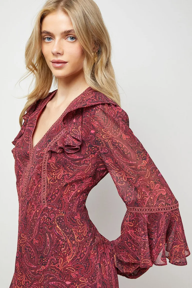 Printed Trim Detail Frill Shoulder Midi Tea Dress - 3