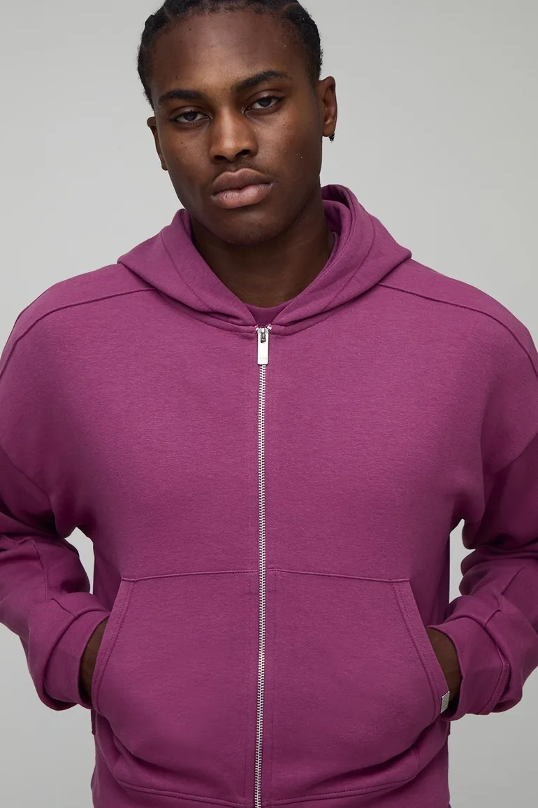 Shrunken Boxy Premium Interlock Zip Through Hoodie - mauve - 2