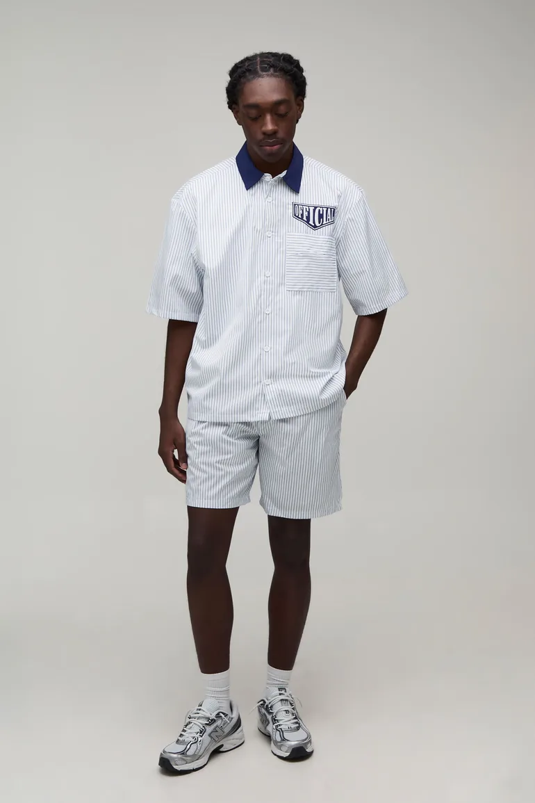 Contrast Collar Boxy Oversized Stripe Shirt & Short Set - navy - 3