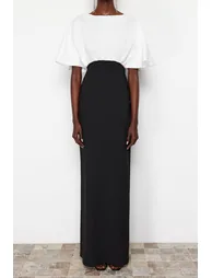 Black and White Top Matte Satin Detailed Long Evening Evening Dress - 2