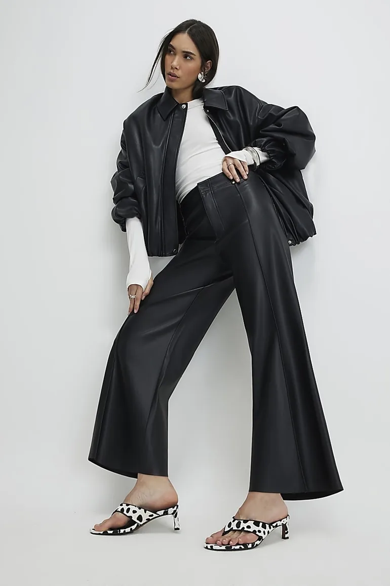 Black Faux Leather Cropped Trousers - 2
