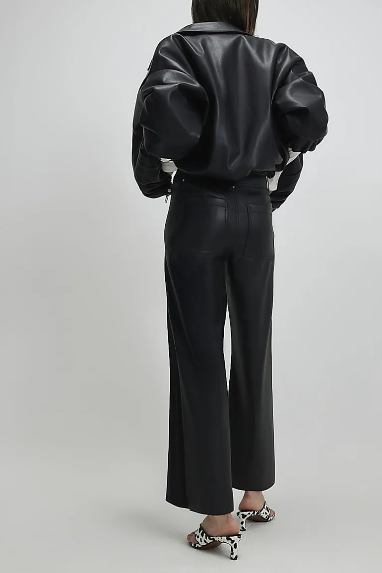 Black Faux Leather Cropped Trousers - 3