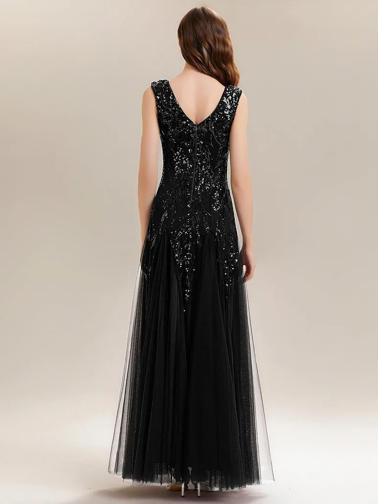 Strapless V-Neck A-Line Floor Length Embroidered Evening Dresses - 1