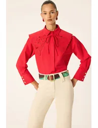 EMBROIDERY DETAILED WIDE COLLAR SHIRT - 4