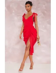Red Underwire Detail Draped Midi Dress