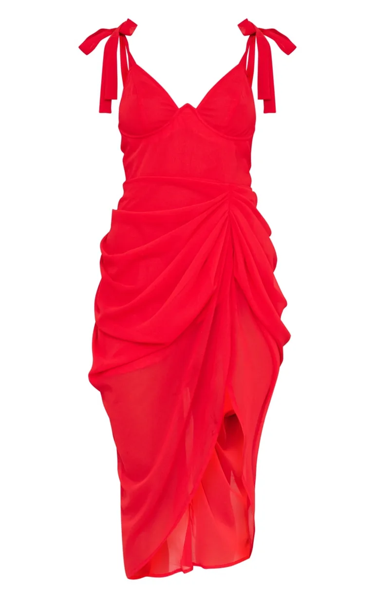 Red Underwire Detail Draped Midi Dress - 4