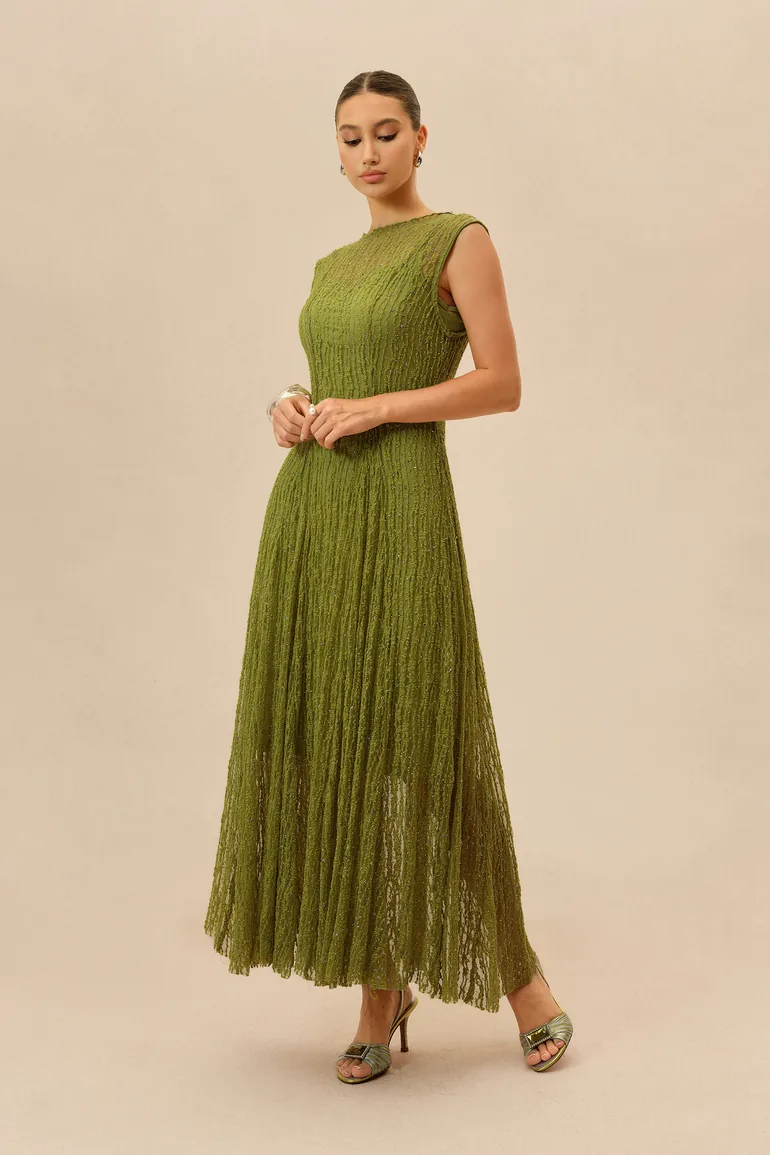 Quiet Moment Olive Rhinestone Embellished Semi-sheer Maxi Dress - 6