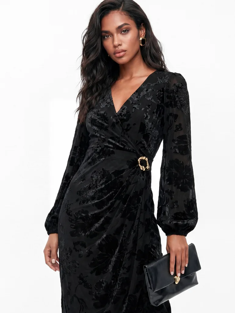 Lovedrobe Black Floral Velvet Devore Faux Wrap Midaxi Dress - 2